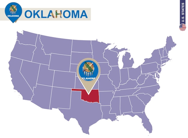 Estado de oklahoma en el mapa de estados unidos. bandera y mapa de oklahoma. nuestros estados.