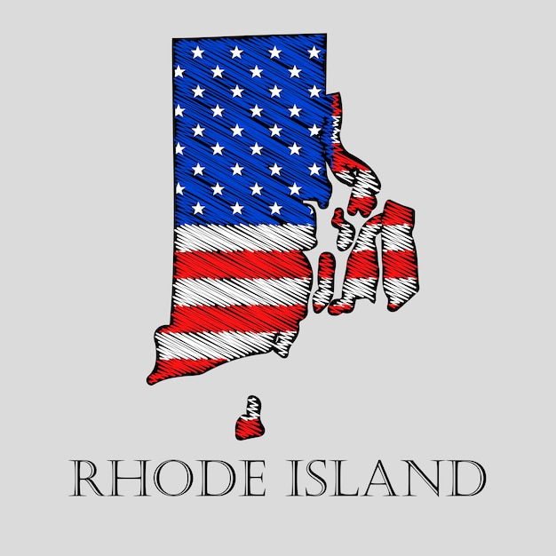 Estado de Rhode Island en estilo garabato - ilustración vectorial. Mapa plano abstracto de Rhode Island con la imposición de la bandera estadounidense.