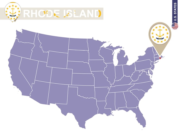 Estado de Rhode Island en el mapa de Estados Unidos. Bandera y mapa de Rhode Island. Nuestros estados.