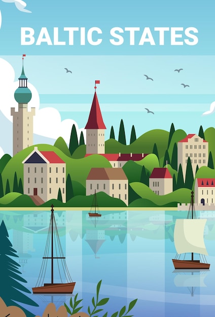 Estados bálticos ciudad costera pintoresca ilustración con edificios históricos colinas verdes exuberantes aguas azules tranquilas veleros pájaros en el cielo concepto de viaje elementos de diseño