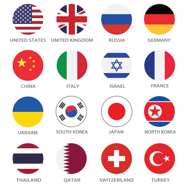 Estados Unidos, Alemania, Rusia, China, Francia, Italia, Japón y otras banderas nacionales.
