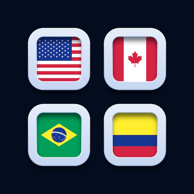 Estados Unidos de América, Canadá, Brasil y Colombia banderas iconos de botón 3d