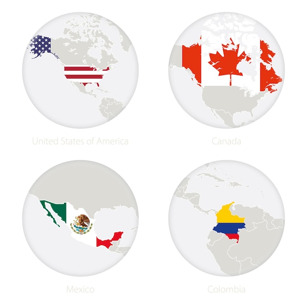 Estados Unidos de América, Canadá, México, Colombia mapa contorno y bandera nacional en un círculo. Ilustración vectorial.