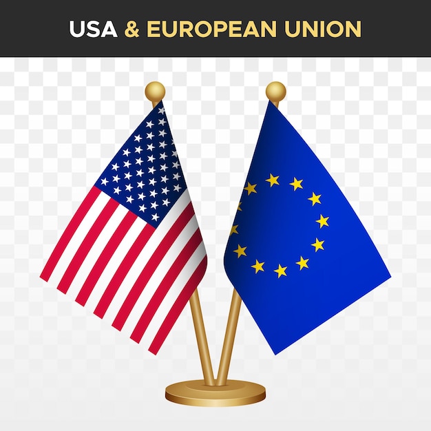 Vector estados unidos de américa estados unidos vs unión europea banderas de la ue banderas de escritorio 3d aisladas en blanco
