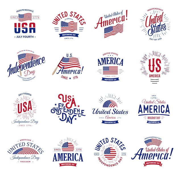 Estados Unidos de América del Norte Vector Logos Vintage set Colección de iconos de vacaciones nacionales del día de la independencia Colores azul y rojo Banderas ventosas de EE. UU. Letras de estilo retro