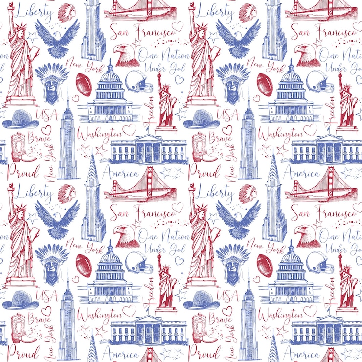 Vector estados unidos de américa país tema símbolos de patrones sin fisuras retro sketch fondo