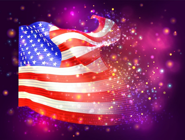 Vector estados unidos américa vector 3d bandera sobre fondo rosa púrpura con iluminación y bengalas