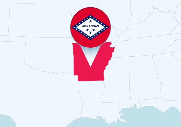 Estados Unidos con el mapa de Arkansas seleccionado y el icono de la bandera de Arkansas