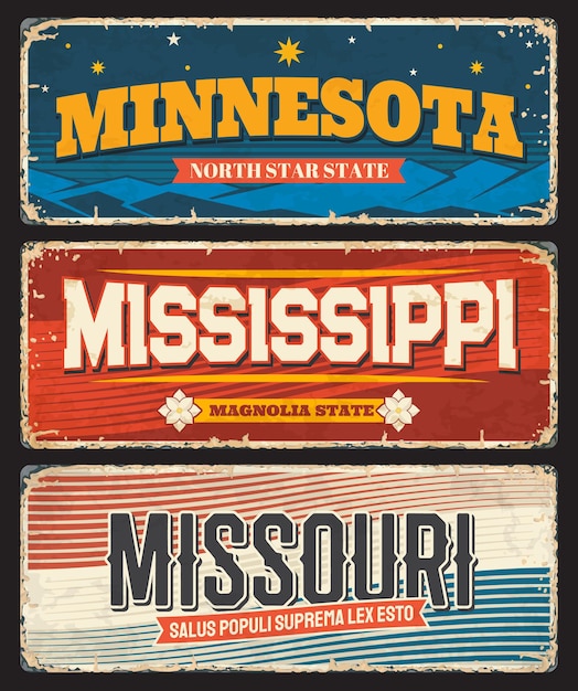 Estados Unidos Mississippi, Minnesota y Missouri Estados Unidos placas y carteles retro