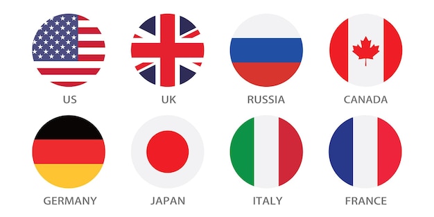 Estados Unidos Rusia Canadá Alemania Japón Italia Francia círculo icona de bandera ilustración vectorial