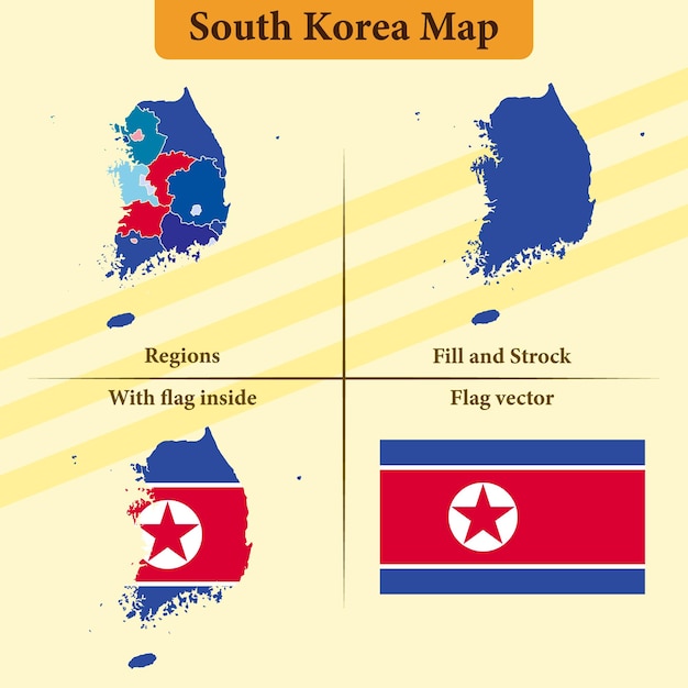 Los estados vectoriales del mapa de Corea del Sur y las líneas llenas de bandera