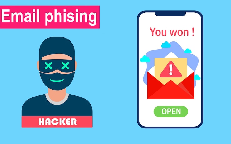 Vector estafa de phishing por correo electrónico ataque cibernético por concepto de hacker de ilustración vectorial de ciberseguridad
