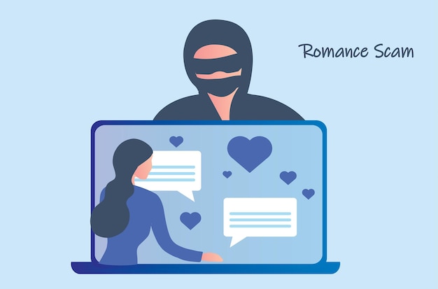 Estafa de romance estafa de citas en línea concepto de crimen cibernético mujer enamorada de estafador hacker chateando