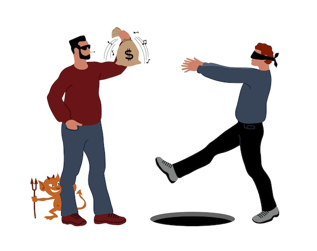 El estafador y el diablo atrapan a la víctima El concepto de crimen financiero El tintineo de monedas