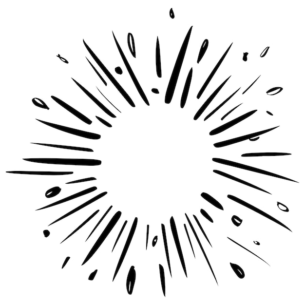 Estallido estelar, dibujado a mano por el sol. Elemento de diseño Fuegos artificiales Rayos negros. Efecto de explosión cómica. Líneas radiantes, radiales.