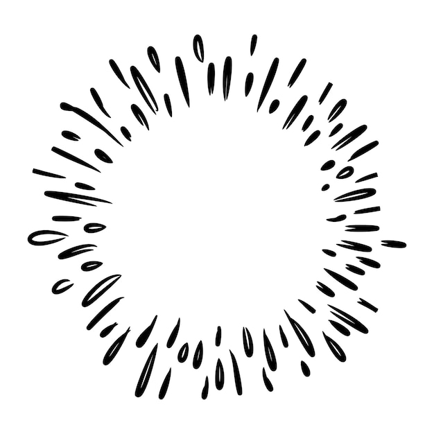 Estallido estelar, dibujado a mano por el sol. Elemento de diseño Fuegos artificiales Rayos negros. Efecto de explosión cómica. Líneas radiantes, radiales.