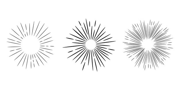 Estallido estelar, dibujado a mano por el sol. Elemento de diseño Fuegos artificiales Rayos negros. Efecto de explosión cómica. Líneas radiantes, radiales.