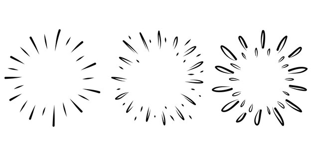 Estallido estelar, dibujado a mano por el sol. Elemento de diseño Fuegos artificiales Rayos negros. Efecto de explosión cómica. Líneas radiantes, radiales.