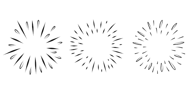 Estallido estelar, dibujado a mano por el sol. Elemento de diseño Fuegos artificiales Rayos negros. Efecto de explosión cómica. Líneas radiantes, radiales.