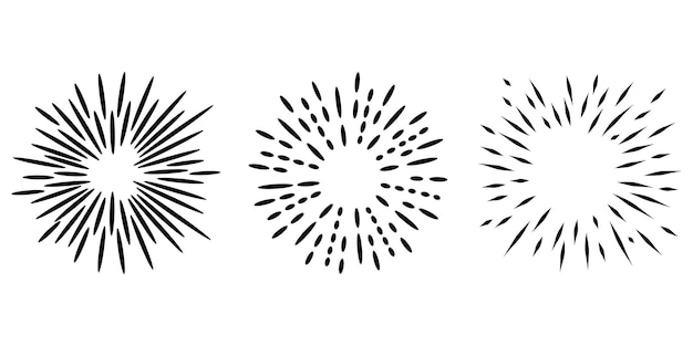 Estallido estelar, dibujado a mano por el sol. Elemento de diseño Fuegos artificiales Rayos negros. Efecto de explosión cómica. Líneas radiantes, radiales.