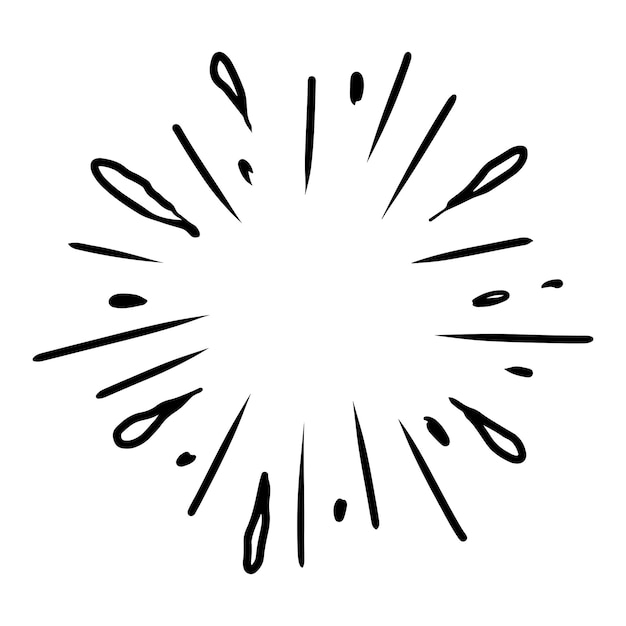 Estallido estelar, dibujado a mano por el sol. Elemento de diseño Fuegos artificiales Rayos negros. Efecto de explosión cómica. Líneas radiantes, radiales.