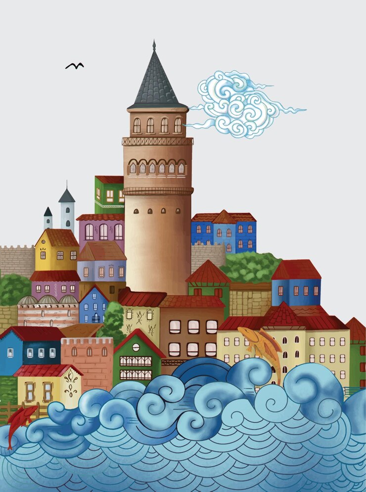 estambul torre de galata y casas en miniatura dibujadas a mano