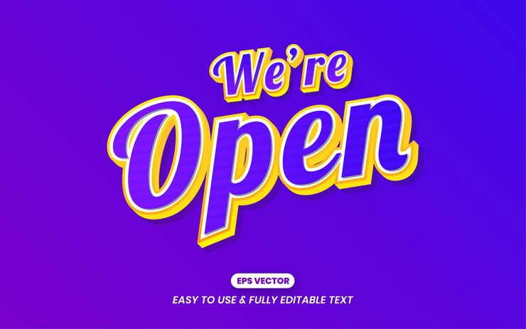 Vector estamos abiertos efecto de estilo de texto editable púrpura