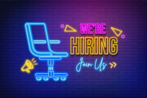 Estamos contratando anuncio de vacante de trabajo Neon Light brillando en las redes sociales vector de diseño de plantilla