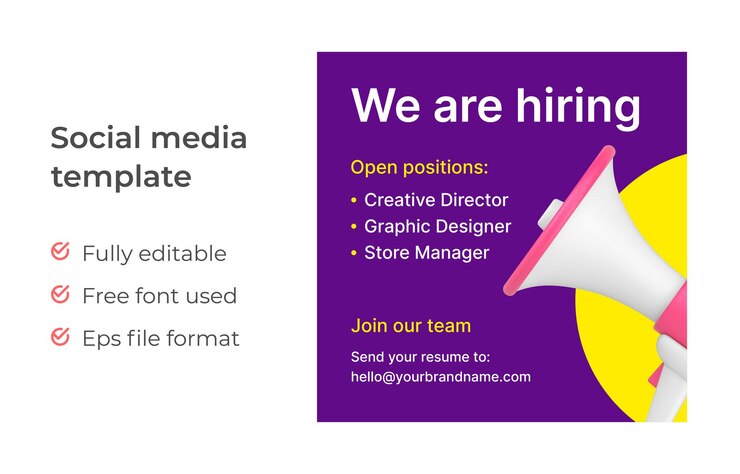 Estamos contratando anuncios de vacantes de empleados de negocios con megáfono 3d icono promoción post vector ilustración Se busca personal de publicidad de reclutamiento de recursos humanos con lugar para texto y altavoz