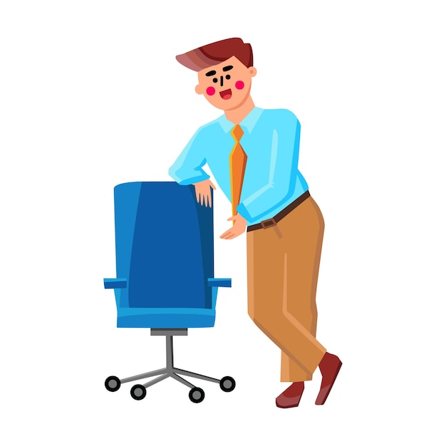Estamos contratando a un nuevo colega en el vector de la empresa. Boss Ceo apoyado en la silla de oficina contratando e invitando a los empleados a sentarse. Personaje Empresario Reclutamiento Ocupación Plano Dibujos Animados Ilustración