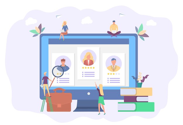 Estamos contratando el servicio de empleo de la agencia de contratación. El gerente de recursos humanos está buscando un currículum de candidato. Necesitamos que las vacantes de los empleados estén abiertas. Únase a nuestro equipo Ilustración vectorial colorida
