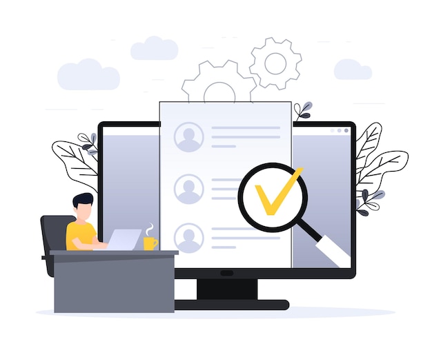 Estamos contratando unirse a nuestro equipo Concepto de ilustración vectorial de reclutamiento en línea, el hombre aplica cv, revisando candidatos, puede usar para la página de destino, plantilla, interfaz de usuario, web, aplicación móvil, póster, pancarta, folleto
