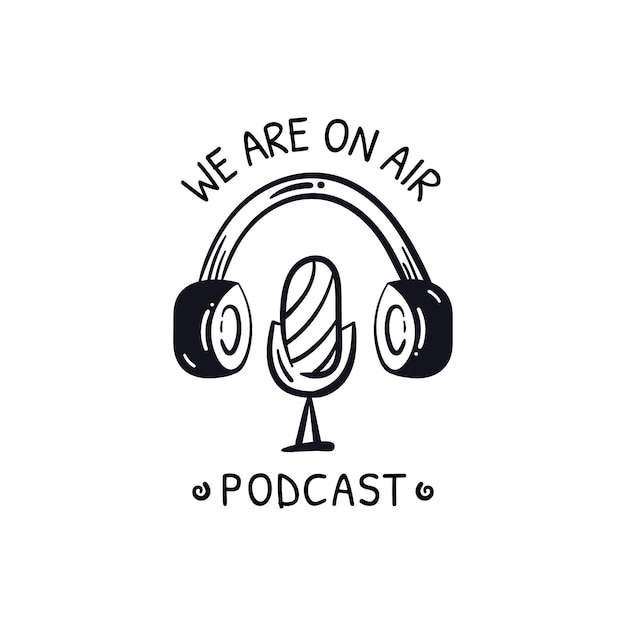 Estamos en el diseño del logotipo del podcast de aire Soporte de micrófono y auriculares icono dibujado a mano ilustración vectorial