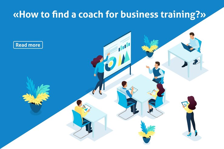 Vector estampa de artículo banner, desarrollo de personal de concepto isométrico, entrenador para capacitación empresarial. el maestro en la pizarra muestra material didáctico.