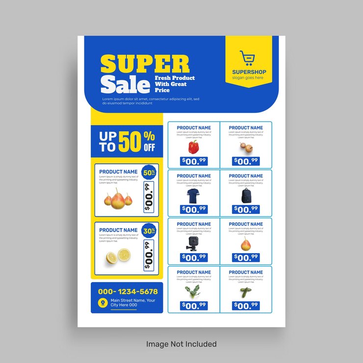 Vector estampa de banner de catálogo de venta de productos de supermercado y folleto de venta de comestibles
