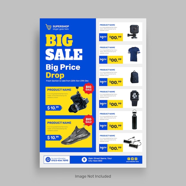 Estampa de banner de catálogo de venta de productos de supermercado y folleto de venta de comestibles