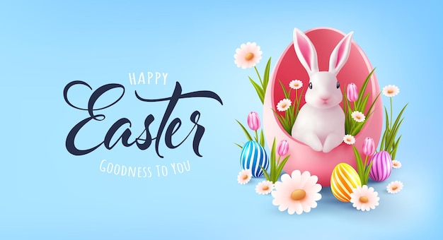 Estampa de cartel y pancarta de Pascua con un conejo blanco dentro de un huevo rosado