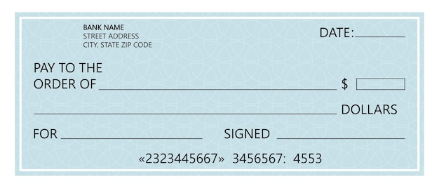 Estampa de cheque bancario en blanco Página de comprobación del libro de cheques con un campo vacío para llenar