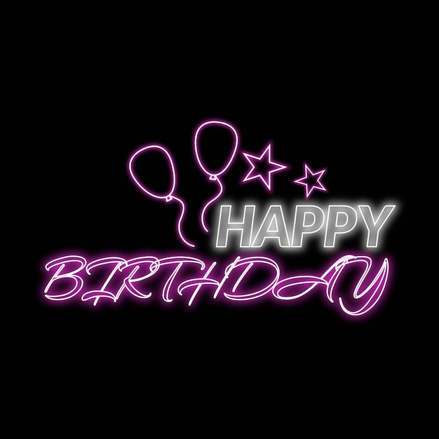Estampa de diseño de cumpleaños feliz de vector gratuito Imagen de cumpleañas felices brillantes Neon pegatina de cumpleños felices con color púrpura