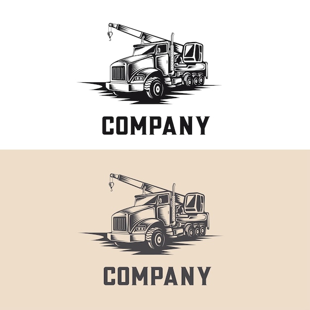 Estampa de diseño del logotipo de la silueta monocromática de la grúa montada en el camión de maquinaria pesada de construcción
