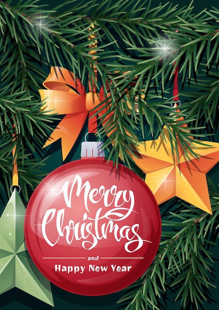Estampa de diseño de tarjetas de Navidad cartelera con juguetes de árbol de Navidad en ramas de abeto alegre