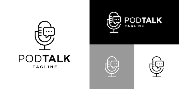 Estampa de diseño vectorial de un sencillo logotipo de podcast, un micrófono, una historia de chat, un icono, un símbolo EPS 10.