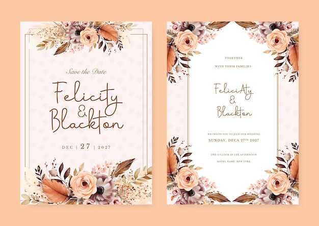 Vector estampa de invitación de boda moderna de melocotón y amapola marrón con flores y flores