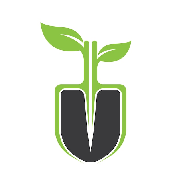 Estampa del logotipo de jardinería con icono de pala y árbol con hojas verdes