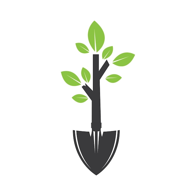 Estampa del logotipo de jardinería con icono de pala y árbol con hojas verdes