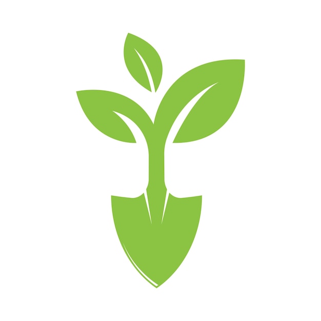 Estampa del logotipo de jardinería con icono de pala y árbol con hojas verdes