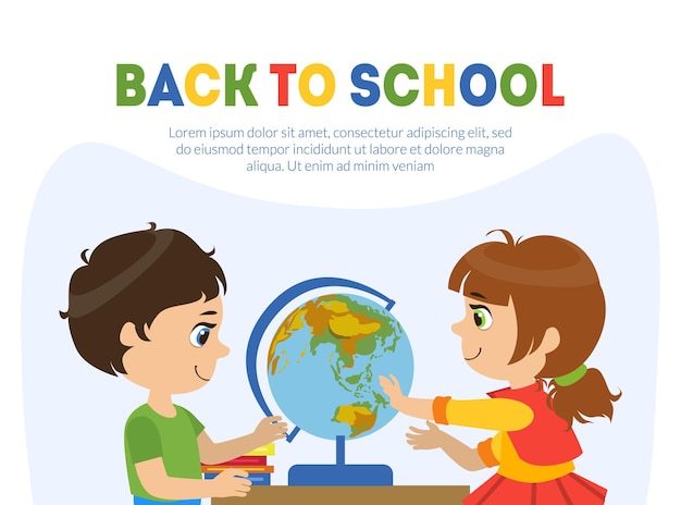 Estampa de pancarta de regreso a la escuela con un niño y una niña lindos con ilustración vectorial de globo Diseño web