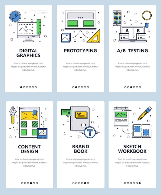Vector estampa de pantallas de incorporación de arte lineal de sitio web vectorial diseño gráfico digital y marca banner de menú para desarrollo de sitios web y aplicaciones móviles ilustración plana de diseño moderno