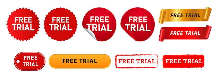 Vector estampa de prueba gratuita, etiqueta adhesiva y letrero de botón para promoción, oferta especial de venta