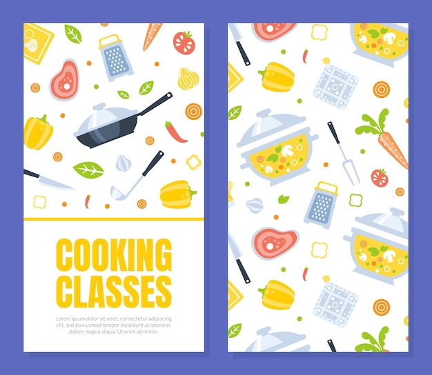 Estampa de tarjeta de clase de cocina con utensilios de cocina patrón sin costuras cursos culinarios elemento se puede usar para banner folleto certificado invitación tarjeta ilustración vectorial